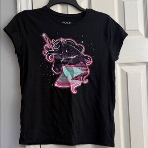 The Children's Place Black Unicorn Graphic Tee with Pink & Teal Accents size 16